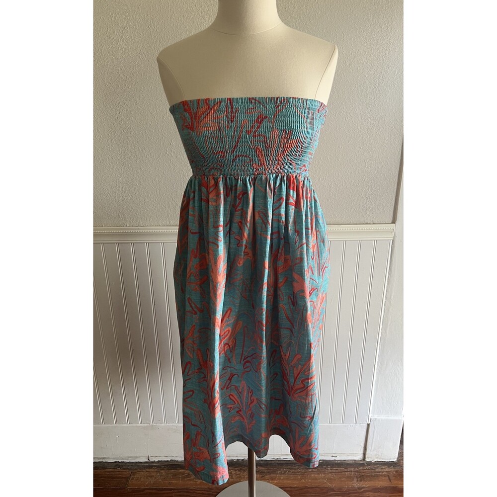 Holly Shae Strapless Smocked Midi Dress Coral Print Beach Resort Aqua Pink XS/S